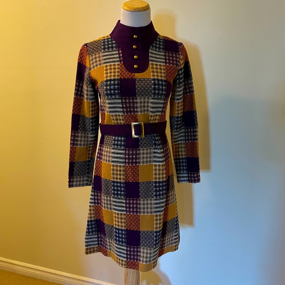 Vintage Purple and Mustard Plaid Belted Dress